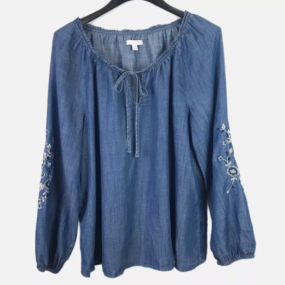 Lauren Conrad Floral Sleeve Denim Top - Picture 1 of 8